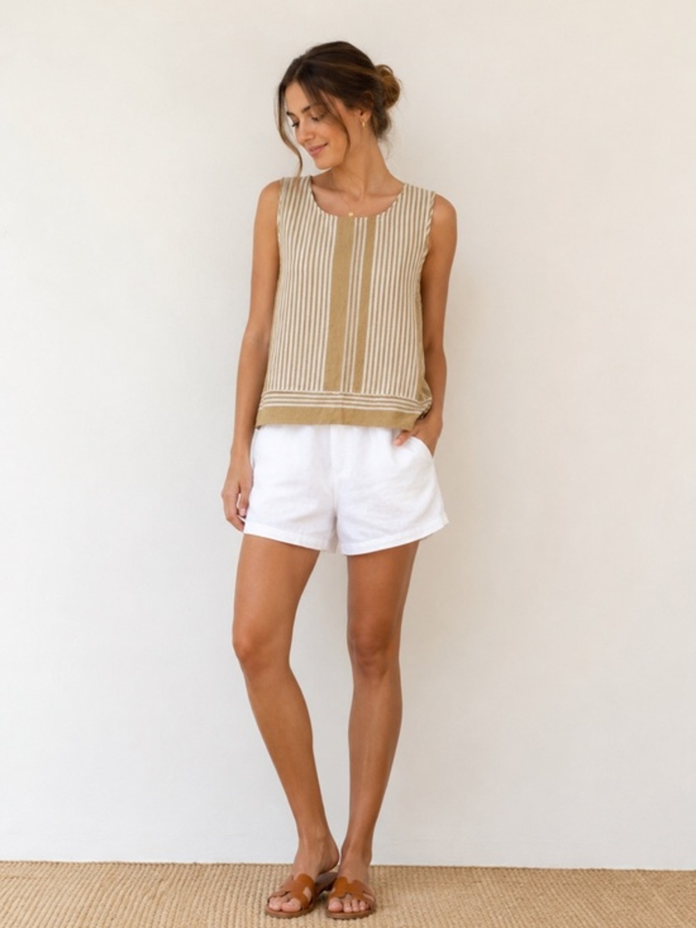 NWT For Cynthia Striped Linen Nautical Cottagecore White & Tan Sleeveless Top 1X